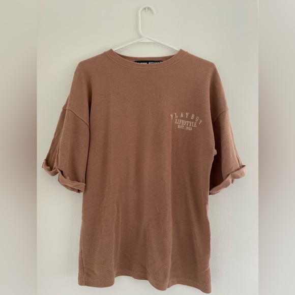 Playboy x Missguided Nude Camel Lifestyle Waffle Oversized T Shirt - Picture 2 of 4